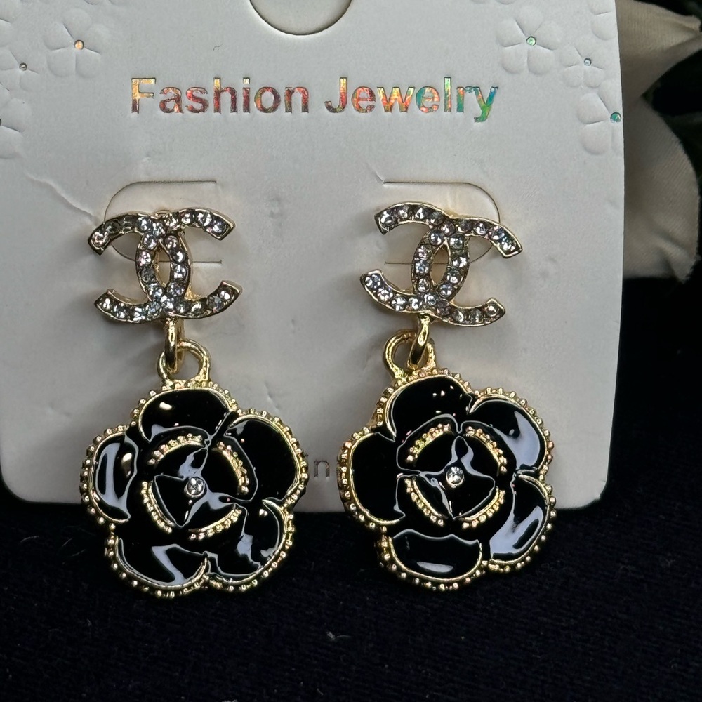 Black Camellia Flower Crystal Dangling Earrings